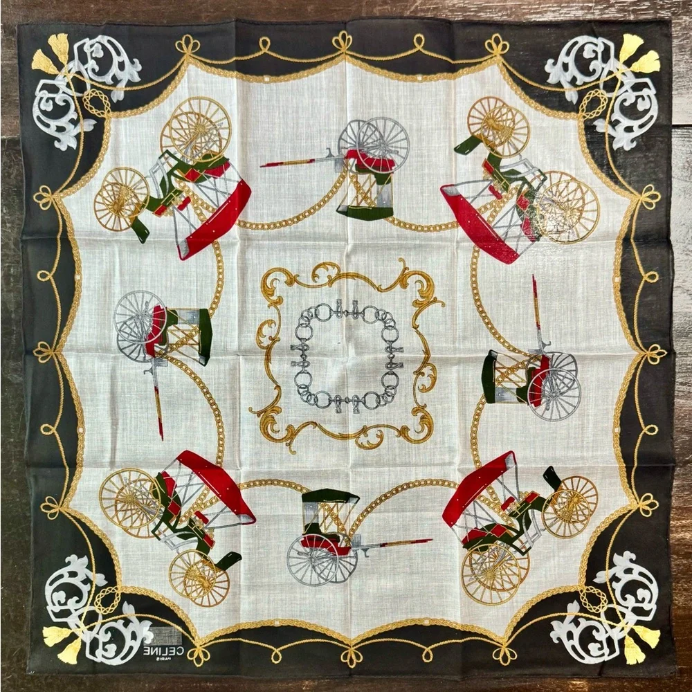 Celine Handkerchief Scarf with Carriage and Chain Design